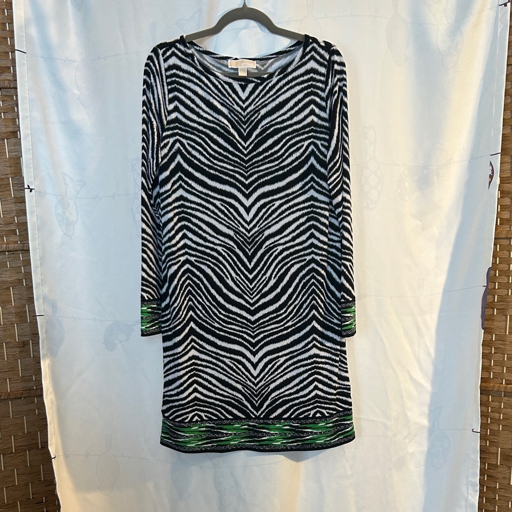 Michael Kors Zebra Print Knit Dress Large Black White Green Trim